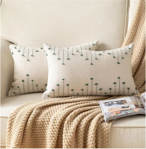 Vista 13 de Caflife Fundas de almohada boho de 18 x 18 pulgadas, juego de 2 almohadas decorativas para cama, fundas de almohada beige con línea negra para sofá