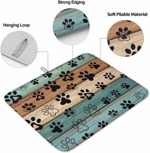 Vista 2 de Tapete de secado de platos con estampado de patas de perro para encimera de cocina, tapete de secado de platos de madera verde azulado, marrón