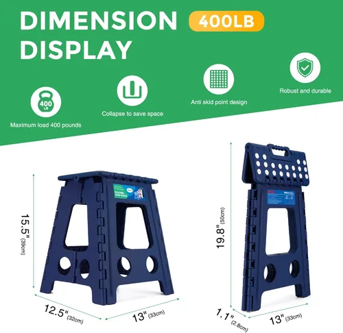 Vista 168 de Dyforce Taburete plegable de 17.5 pulgadas, capacidad de 400 libras, taburete plegable de plástico resistente para adultos, taburete con asa, fácil