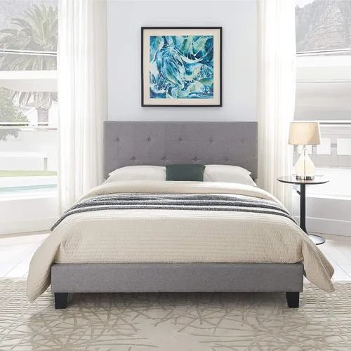 Vista 3 de Base de cama tamaño King, plataforma tapizada con cabecero de botón, soporte de listones de madera fuerte, no necesita somier, sin ruido, fácil