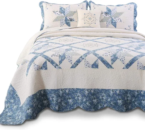 KASENTEX - Lujosa colcha cubrecama de gran tamaño con diseño de tela de retazos bordado, 100 % algodón, lavable a máquina