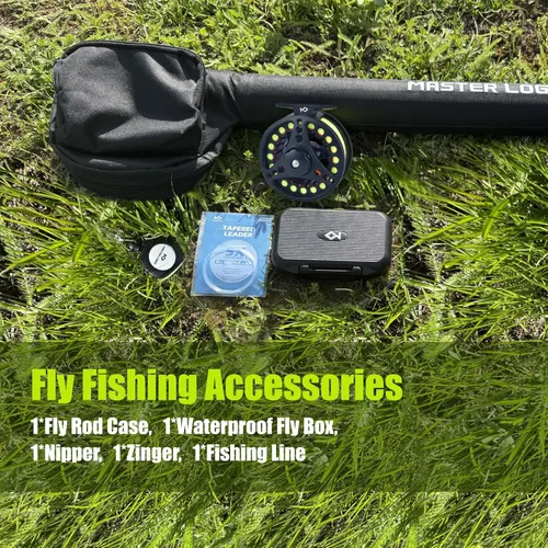 Vista 5 de Kit de inicio de combo de caña y carrete de pesca con mosca MASTER LOGIC, caña de pesca con mosca de grafito con mango de corcho, carrete