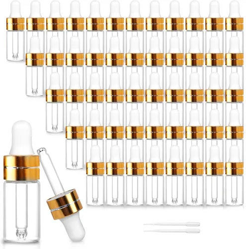 Vista 9 de Paquete de 50 botellas cuentagotas de vidrio transparente de 0.0 fl oz con 2 cuentagotas de plástico, mini botellas cuentagotas de muestra
