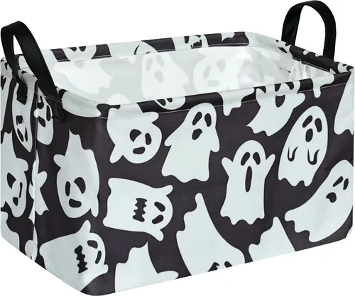 Vista 28 de Cesta de almacenamiento de Halloween, diseño de tela plegable con diseño de araña, murciélago y calabaza, con asas de cuero, organizador de estante