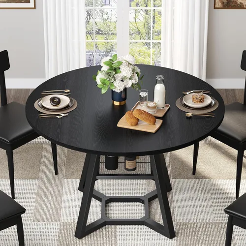 Vista 9 de knoworld Round Dining Table for 4, Kitchen Tables Dining Room Circle Dinner Table with Pedestal Metal Frame, Space Saving Wood Industrial Kitchen &