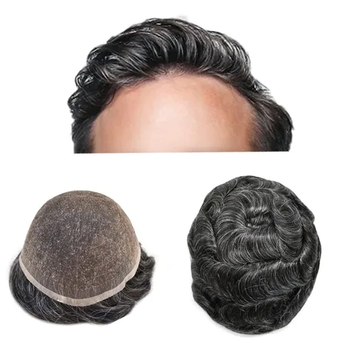 Vista 19 de Toupee - Sistema de reemplazo de piezas de cabello humano real, encaje suizo suave frontal para hombre, nudo blanqueado, línea capilar natural