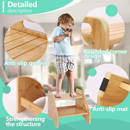 Vista 3 de AMBIRD Taburete de Paso de Madera, Taburetes de Dos Pasos para Niños Pequeños Capacidad de 300 libras con Almohadillas y Asas Antideslizantes