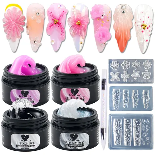 Vista 10 de Gel de uñas sólido constructor, 6 colores no pegajosos para esculpir 3D para arte de uñas, pegamento de extensión de uñas, kit de uñas duras