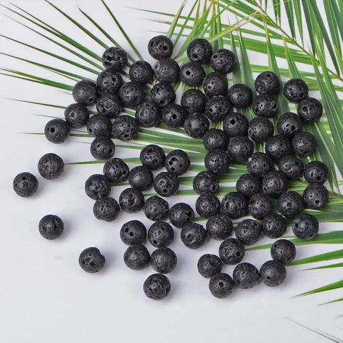 Vista 3 de 100 cuentas redondas sueltas de lava negra natural de 0.315 pulgadas para fabricación de joyas con cordón elástico de cristal