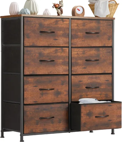 Vista 15 de DUMOS Cómoda de 8 cajones para dormitorio, organizador de almacenamiento de tela con marco de metal resistente, cómoda superior de madera para Negro