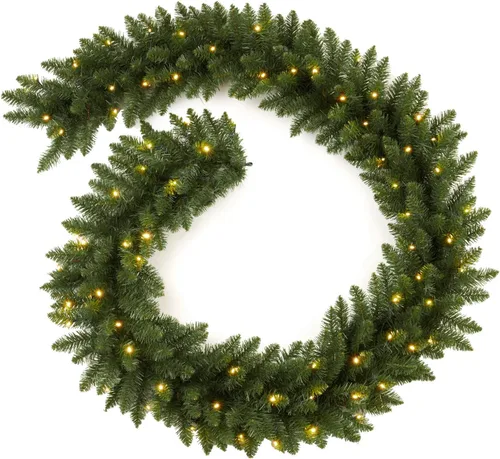 Vista 13 de Guirnalda artificial de Navidad preiluminada de 9 pies con 50 luces LED, funciona con pilas, piñas de pino, bonita bola dorada y roja, bayas