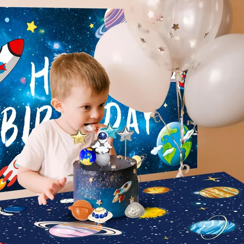 Vista 7 de 32 adornos espaciales para tartas del espacio exterior, figuras de astronauta, planeta, cohete, estrellas y bolas de perlas satélite, adornos