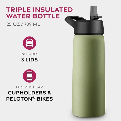 Vista 2 de Botellas de agua de acero inoxidable con triple aislamiento con pajilla, botellas de agua reutilizables aisladas de 25 onzas con 3 tapas, botella