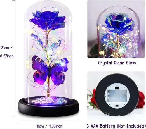 Vista 7 de Greenke Regalos de rosas para el día de San Valentín para ella, rosa mariposa púrpura galaxia en cúpula de cristal, rosa iluminada para siempre