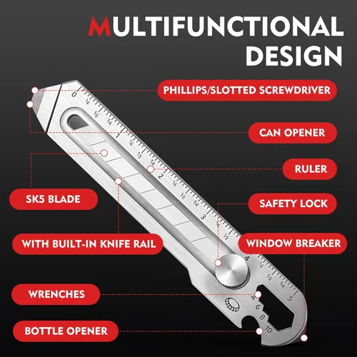 Vista 3 de BECOWIN 2 Pack 7-in-1 Retractable Stainless Steel Utility Knife, Heavy Duty Box Cutter with Safety Lock, 18mm Snap-Off Blade Compatible, Multi Tool