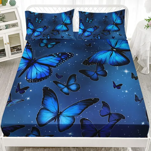 Vista 95 de Juego de sábanas de 4 piezas ajustadas y planas para niñas, estampado de mariposas y flores rosas con 1 + 2 fundas de almohada para cama individual