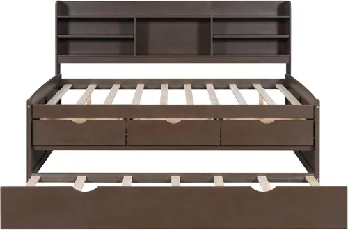 Vista 50 de Quarte Elegante cama de plataforma con estanterías en forma de L, cama de plataforma de madera tamaño individual con 2 cajones de almacenamiento