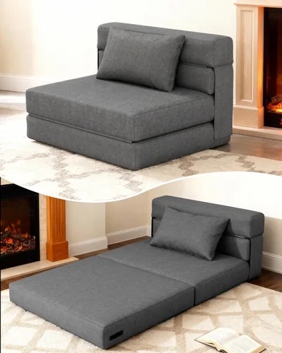 Vista 11 de KINGYES Sofá Cama Plegable, Silla Convertible de Pana para Dormir con Almohada, Silla Futón Individual Plegable para Sala de Estar, Beige