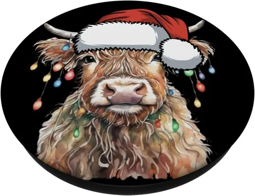 Vista 2 de Divertidas luces navideñas de vaca escocesa de las tierras altas de Navidad, cabeza de Papá Noel, PopSockets estándar PopGrip
