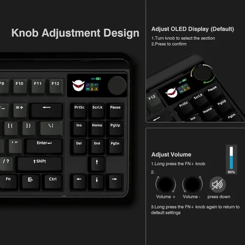 Vista 3 de Teclado XVX 75% con pantalla y perilla, teclado mecánico intercambiable en caliente, teclado mecánico inalámbrico M87 Pro Tri-Modo, teclado