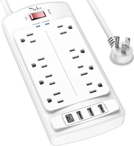 Vista 9 de Regleta de Protección contra Sobretensiones - Nuetsa Cable de Extensión de Enchufe Plano con 8 Tomas y 4 Puertos USB, Cable de Alimentación de 6