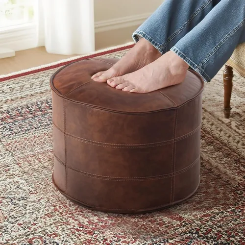 Vista 3 de Puf otomano redondo de cuero genuino, reposapiés para sala de estar, dormitorio, interior (marrón)