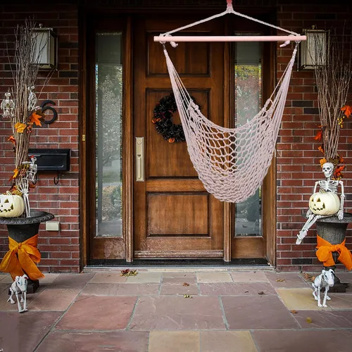 Vista 2 de Hamaca colgante al aire libre con cuerda de algodón y barra de madera, macramé beige, silla grande de aire/cielo, porche, capacidad de 250 libras