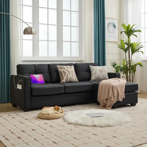Vista 19 de TYBOATLE Sofá seccional de piel sintética para sala de estar, cómodos sofás tapizados con mechones de 88 pulgadas con cargador USB y tipo C, sofá