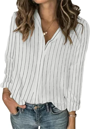 Karlywindow blusa para mujer de lino y algodón con mangas largas, botones, escote en V, estilo informal y ajuste holgado