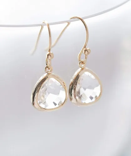 Vista 2 de 14k Gold-Plated Cubic Zirconia Rhinestone Earrings - Hypoallergenic, Lightweight Clear Crystal Dangle Earrings for Brides, Elegant Minimalist