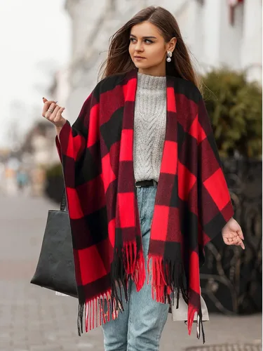 Vista 3 de Woven Knit Buffalo Plaid Poncho Blanket Sweater Poncho Ruana Wrap Shawl Warm for Women