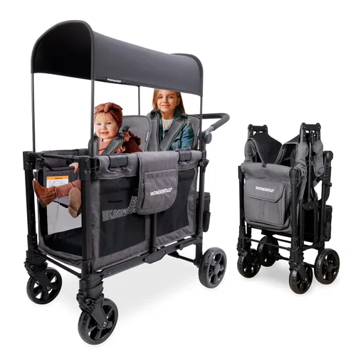 Vista 11 de WONDERFOLD W2 - Coche multifuncional para 2 pasajeros, plegable, con toldo deslizante y asientos elevados desmontables con reposapiés