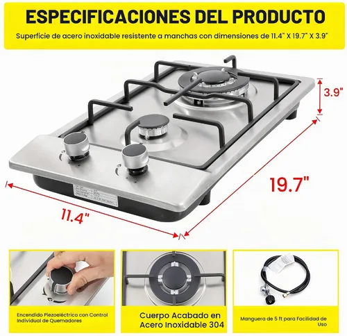 Vista 2 de Cocina de gas de 12 pulgadas, estufa de gas integrada de 2 quemadores de acero inoxidable con kit de conversión de NG/LPG, protección de termopar