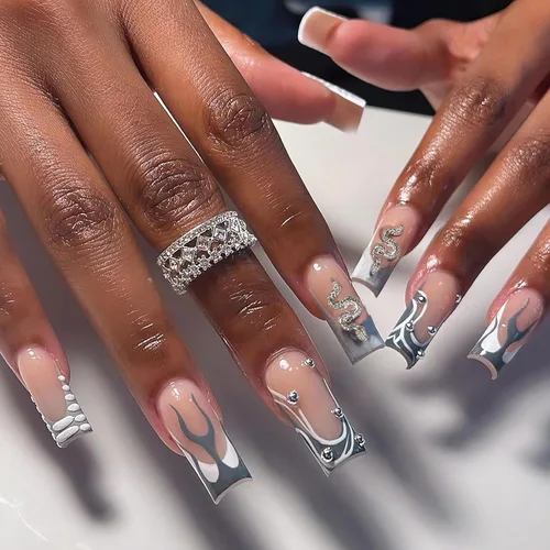 BABALAL Uñas postizas cuadradas a presión, uñas postizas largas, punta francesa gris, pegamento en 3D, diseño metálico, uñas acrílicas góticas, 24