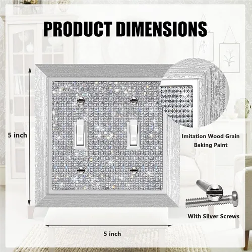 Vista 17 de Placa de pared con diamantes de imitación plateados brillantes plateados, placa de cubierta de interruptor de luz, cubierta de enchufe de grano
