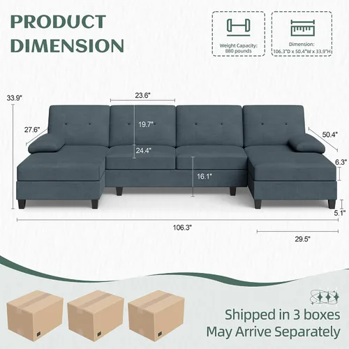 Vista 2 de Vongrasig Camillas seccionales para sala de estar, sofá en forma de U con diván, sofá modular grande de 4 asientos moderno para sala de estar Gris