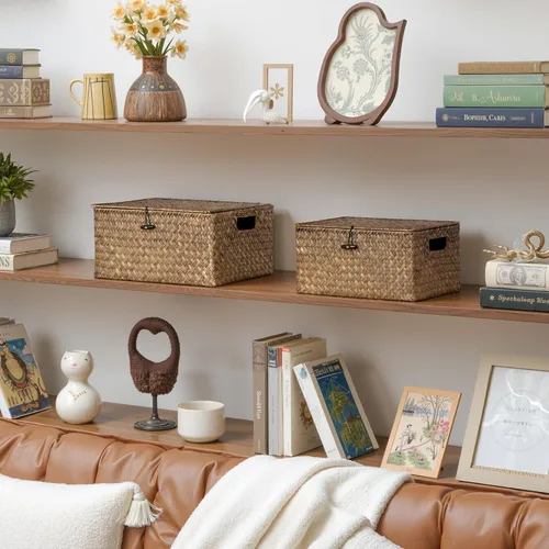 Vista 8 de StorageWorks Canastas de mimbre con tapa para organizar, canastas de almacenamiento de hierbas marinas para estantes, caja decorativa con asas