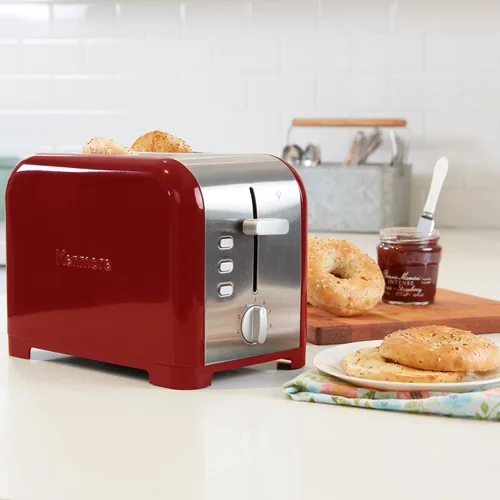 Vista 2 de Koolatron Kenmore - Tostadora de 2 rebanadas, acero inoxidable, rojo y plateado, con ranuras extra anchas, guías de pan autoajustables