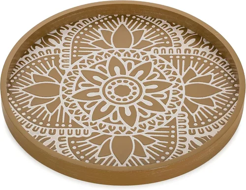 Vista 11 de Hanobe Bandeja decorativa redonda bohemia para mesa de café, patrón de Marrón loto