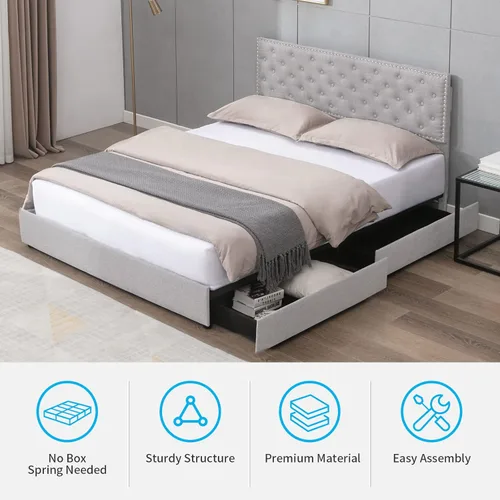 Vista 6 de Mjkone Base de cama de tamaño matrimonial con 4 cajones de almacenamiento, plataforma tapizada con cabecera ajustable y tela de lino de algodón