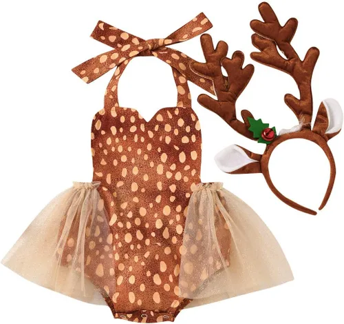 IBTOM CASTLE Disfraz de Navidad de alce para bebé recién nacido, con diadema de reno, vestido de fiesta de princesa