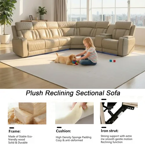 Vista 6 de Juego de sofá seccional reclinable eléctrico, juegos de muebles de sala de estar, sofá seccional de cuero transpirable y sofá biplaza con 4