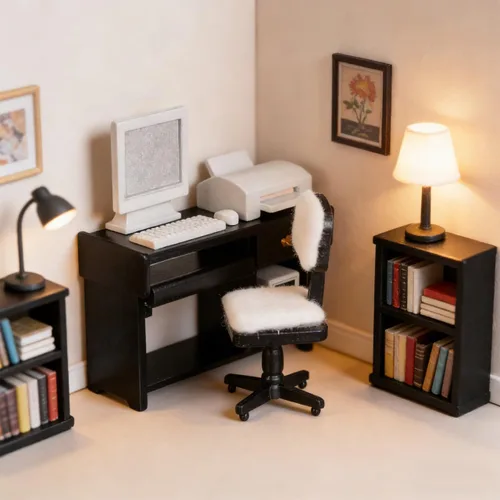 Vista 6 de NUOBESTY Juego de muebles de oficina para casa de muñecas, silla de escritorio en miniatura, impresora de computadora, accesorios de teclado