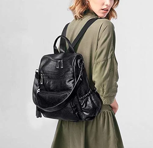 Vista 3 de UTO Mochila de piel vegana para mujer, diseño de moda, convertible, bolsa de hombro con borla, Mochilas tipo mochila