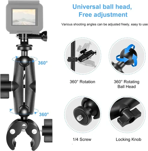 Vista 4 de PULUZ Soporte de cámara con abrazadera de cangrejo para GoPro, Super Clamp Ball Head Mount Bike Motorcycle Handlebar accesorios con rosca de 1/4