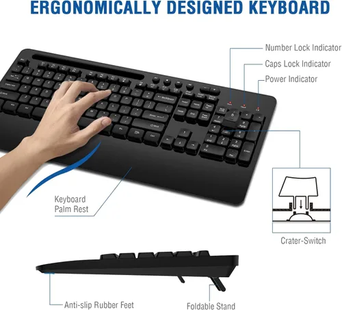 Vista 5 de EDJO - Combo de teclado y mouse inalámbricos, teclado ergonómico de computadora de tamaño completo 2.4G con reposamuñecas y mouse inalámbrico