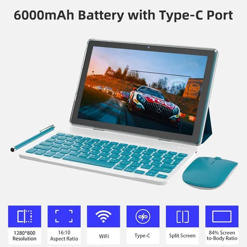 Vista 2 de Android OS Tablet 2 en 1 Tablets 10 pulgadas Tablet con teclado Ratón Funda protectora 10.1" Tab 8GB+32GB Soporte 1TB expansión 2MP+8MP doble cámara
