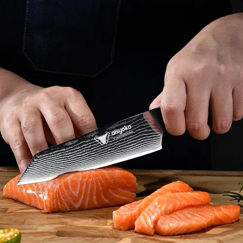 Vista 6 de Aisyoko 8C - Juego de cuchillos de damasco, 3 cuchillos de chef, cuchillos de cocina y pelar, acero inoxidable de alto carbono, mango ergonómico