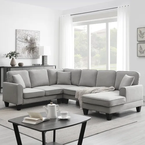 Vista 91 de Quarte Sofá seccional en forma de U, sofá modular con dos asientos individuales, dos sillas, combinación de bricolaje, tela de hilo en bucle Beige/5