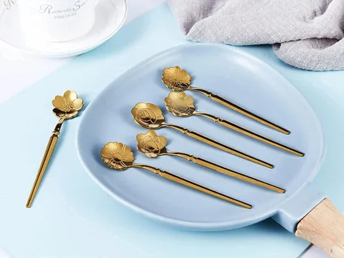Vista 5 de Juego de cucharas de postre, 10 piezas de vajilla creativa de acero inoxidable, cuchara de café, mini cucharaditas de oro, juego de cucharas